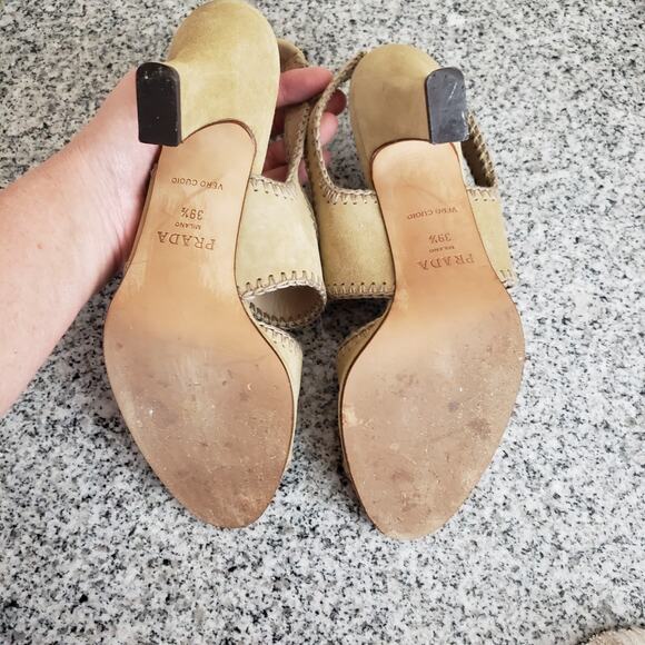 Prada Leather Suede Boho Retro Tan Sling Back Sz 39.5 EU 9-9.5 US Vero Cuoio+box - Picture 11 of 16